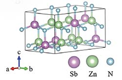 Schematic of crystal structure containing purple, green, and blue balls, and includes an identification key to the balls.