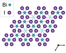 Crystal diagram of bismuth triiodide, with bismuth as smaller blue circles and iodine as larger purple circles. Each bismuth atom is surrounded by five iodine atoms.