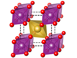 Crystal diagram of bismuth triiodide, with bismuth as smaller blue circles and iodine as larger purple circles. Each bismuth atom is surrounded by five iodine atoms.