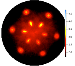 Circular image with hexagonal orange pattern on dark background. Large orange dots at apices of hexagon and smaller orange/yellow ovals inside of hexagon. Vertical color scale from 2.0 to 4.5 to right of circle.